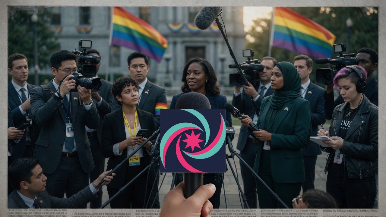 Press scrum with a reporter microphone bearing The Pink Pulse logo flag